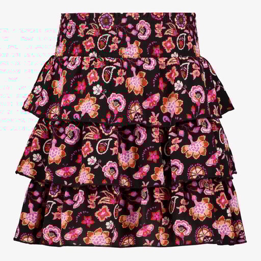 Gelaagde meisjes rok met bloemenprint zwart roze