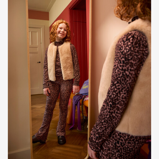 Flared meisjes broek met panterprint bruin