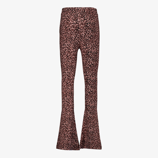 Flared meisjes broek met panterprint bruin