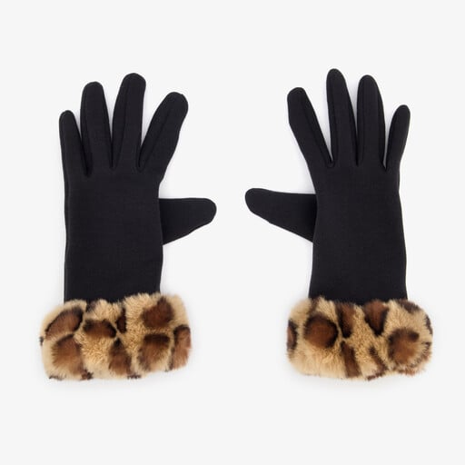 Dames handschoenen zwart met luipaardprint