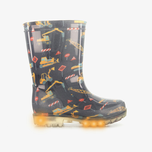 Kinder regenlaarzen met graafmachines en lichtjes