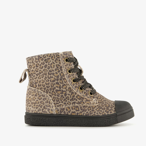 Leren meisjes veterschoenen met panterprint bruin