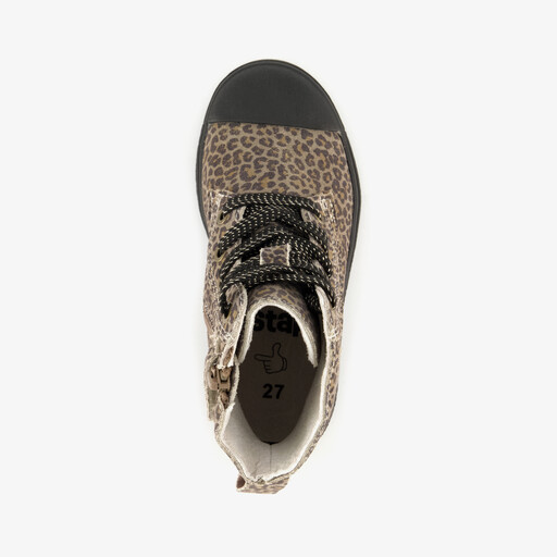 Leren meisjes veterschoenen met panterprint bruin
