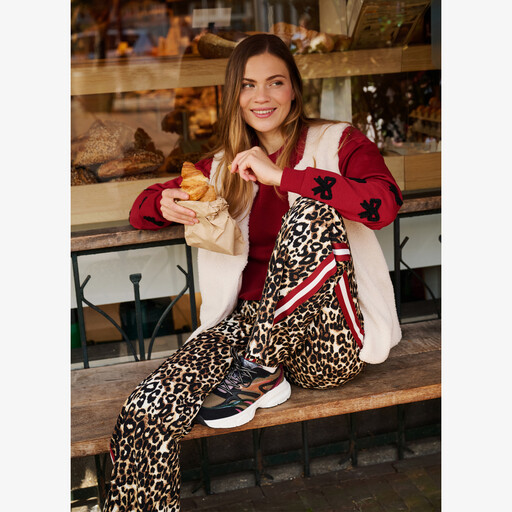 Dames wide leg broek met luipaardprint en bies