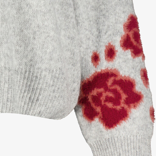 Gebreide dames trui met geborduurde mouwen grijs