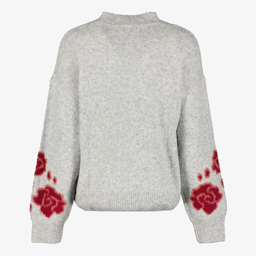 Gebreide dames trui met geborduurde mouwen grijs