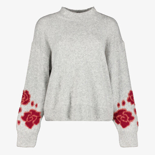 Gebreide dames trui met geborduurde mouwen grijs