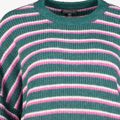 Dames trui gestreept groen/roze/wit