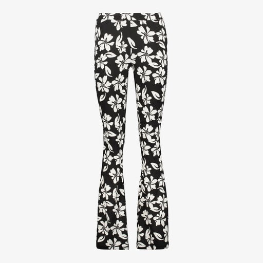 Flared dames broek met bloemenprint zwart wit