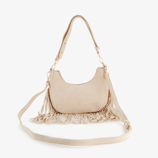 Dames schoudertas met franjes beige