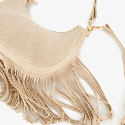 Dames schoudertas met franjes beige