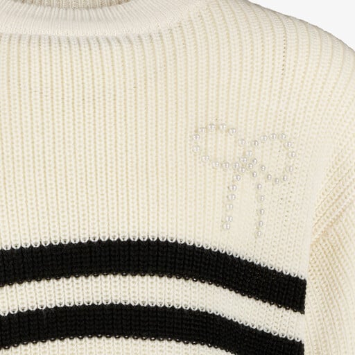 Gebreide meisjes trui met strepen en strikje wit zwart