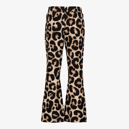Flared meisjes broek met panterprint beige zwart