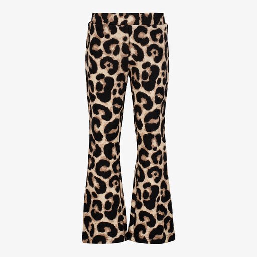 Flared meisjes broek met panterprint beige zwart
