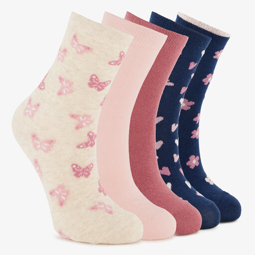 5 paar kindersokken met vlinders roze blauw