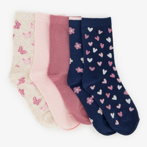 5 paar kindersokken met vlinders roze blauw
