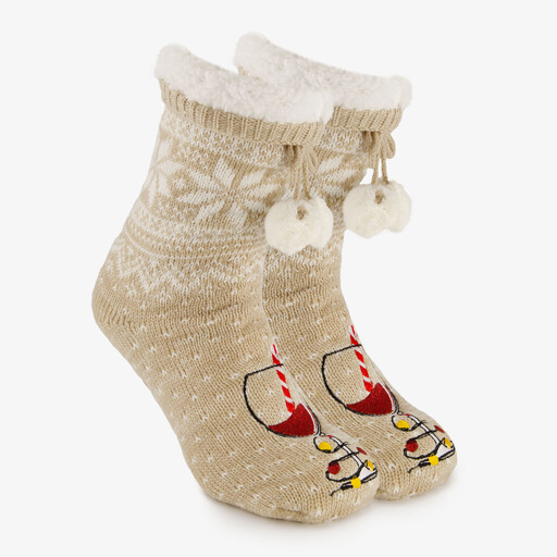 1 paar dames kerst huissokken met wijnglas beige