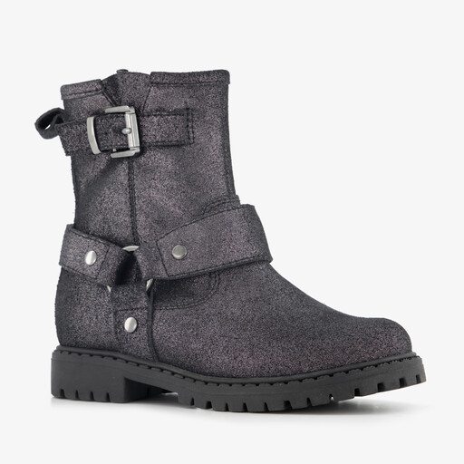 Leren meisjes biker boots met glitters zwart