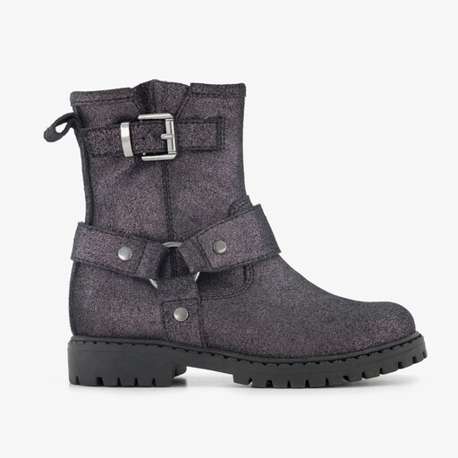 Leren meisjes biker boots met glitters zwart