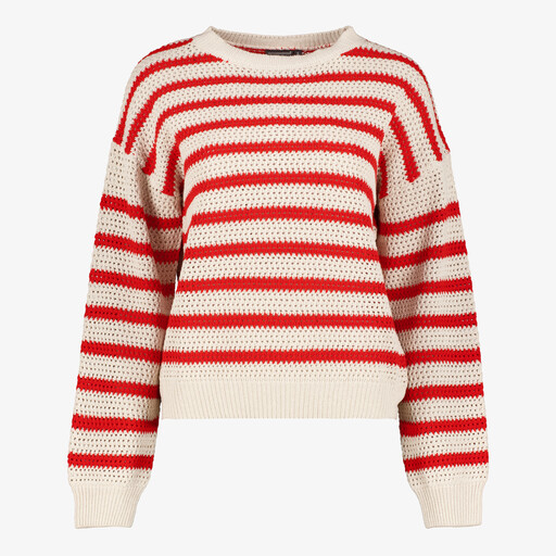Gebreide dames trui met strepen wit rood