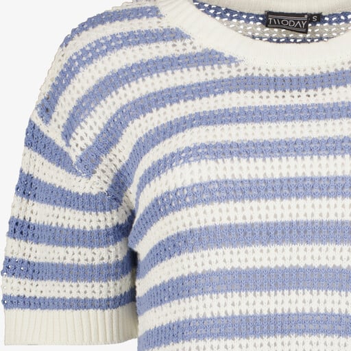 Gebreid dames T-shirt met strepen blauw wit