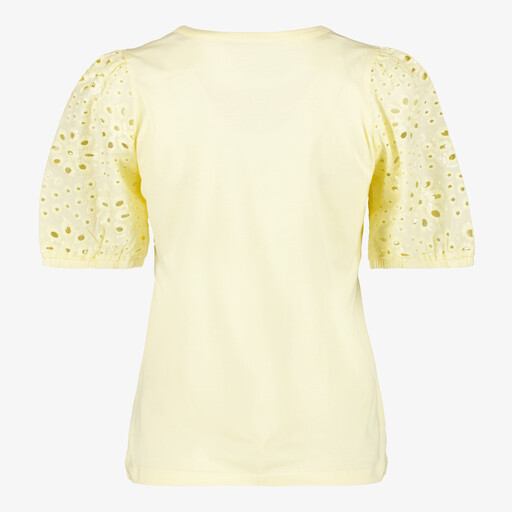 Dames T-shirt met broderie mouwen botergeel