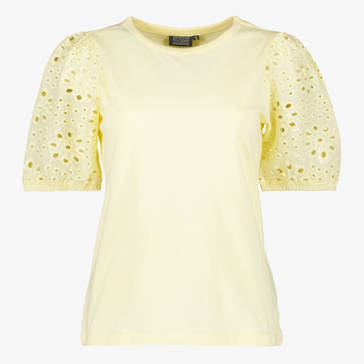 Dames T-shirt met broderie mouwen botergeel