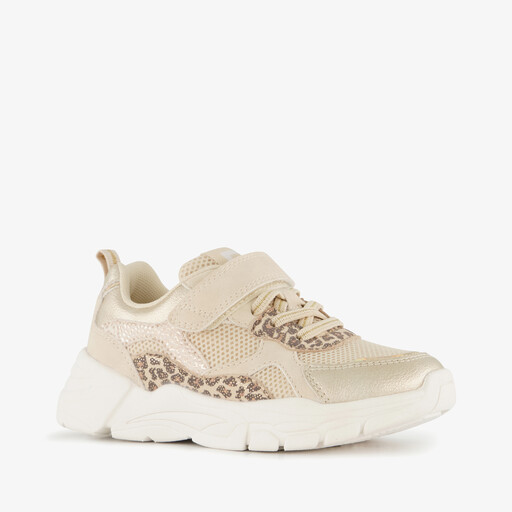 Meisjes sneakers met panterprint details beige goud