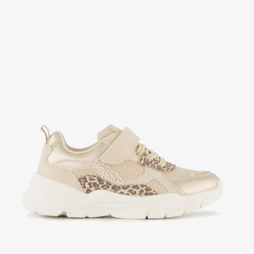 Meisjes sneakers met panterprint details beige goud