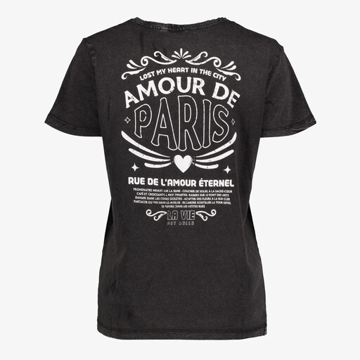 Dames T-shirt acid wash zwart met backprint