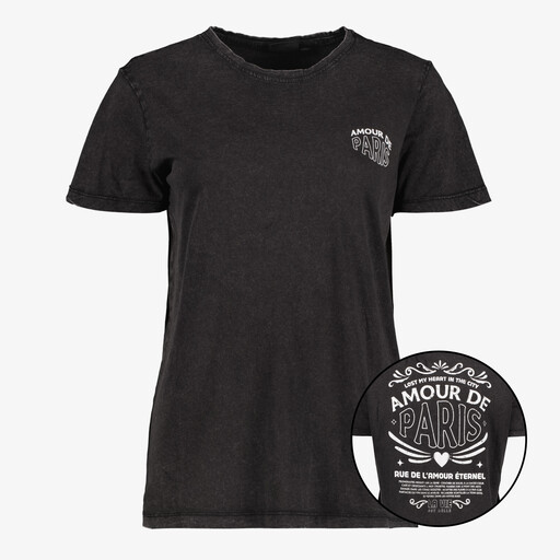 Dames T-shirt acid wash zwart met backprint