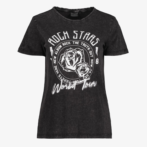 Dames T-shirt acid wash zwart met opdruk