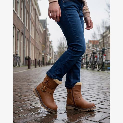 Gevoerde meisjes biker boots cognac