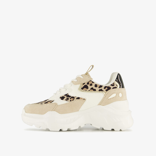 Meisjes dad sneakers met panterprint details beige