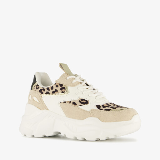Meisjes dad sneakers met panterprint details beige