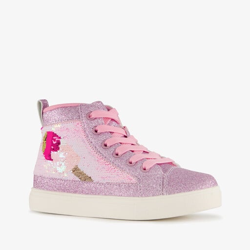 Hoge meisjes sneakers met glitters en pailletten roze
