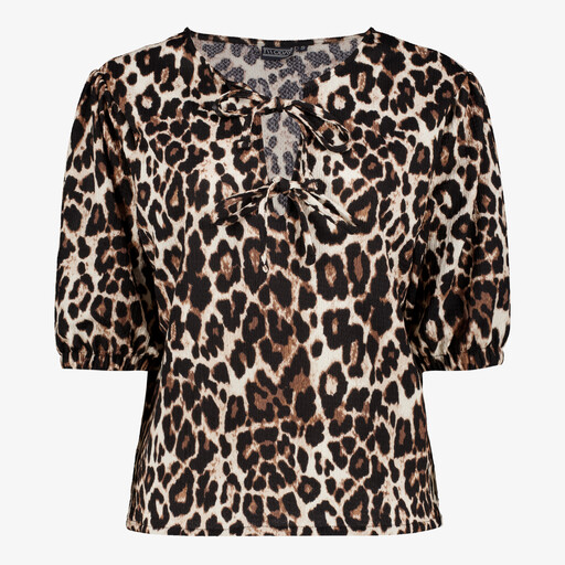 Dames blouse met panterprint en strikjes