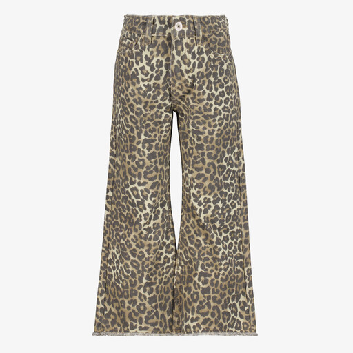 Meisjes wide leg jeans met luipaardprint bruin