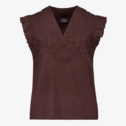Mouwloze dames blouse met borduursels bruin