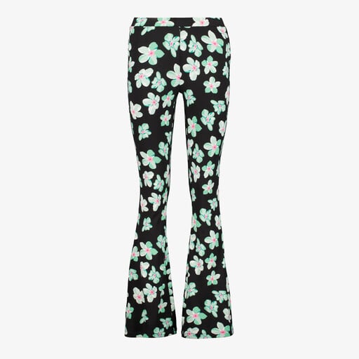 Flared dames broek met bloemenprint groen wit