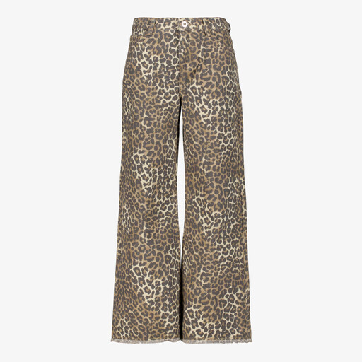 Meisjes wide leg jeans met luipaardprint bruin