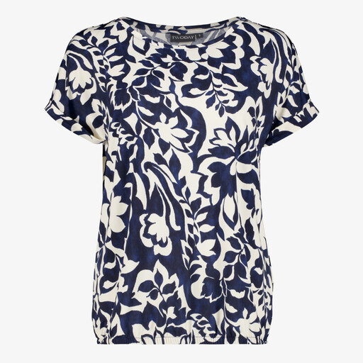 Dames top met bloemenprint blauw wit