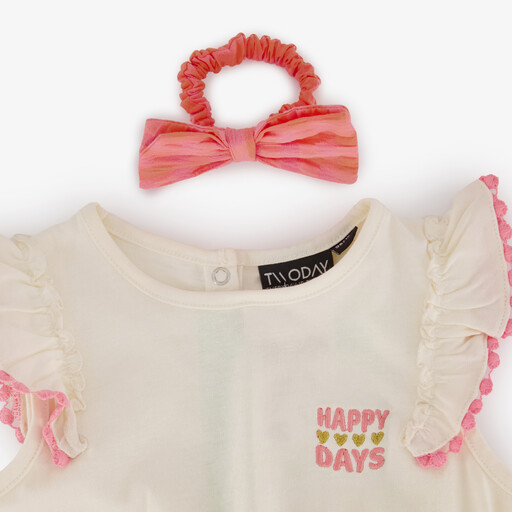 Meisjes jurk met scrunchie roze wit