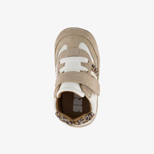 Suede babyschoenen met panterprint details beige