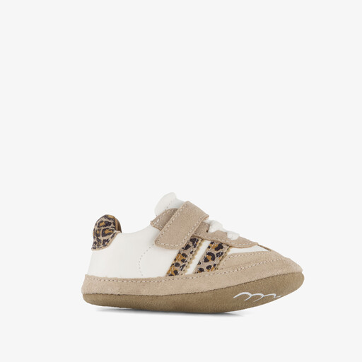Suede babyschoenen met panterprint details beige