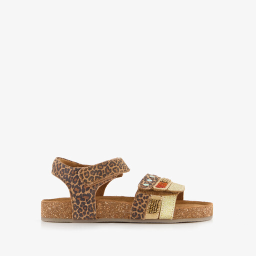 Leren meisjes sandalen met panterprint en glitters bruin