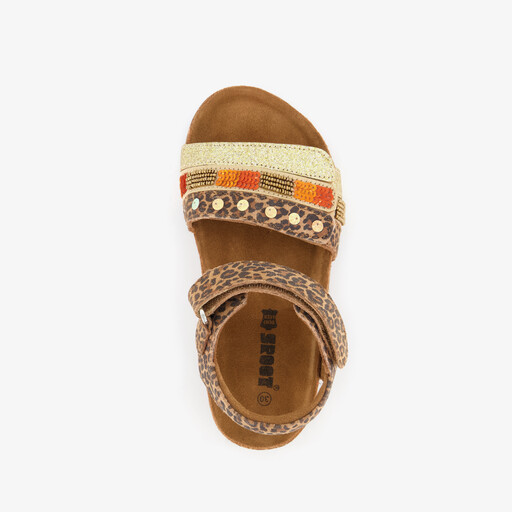 Leren meisjes sandalen met panterprint en glitters bruin