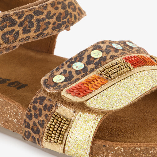 Leren meisjes sandalen met panterprint en glitters bruin