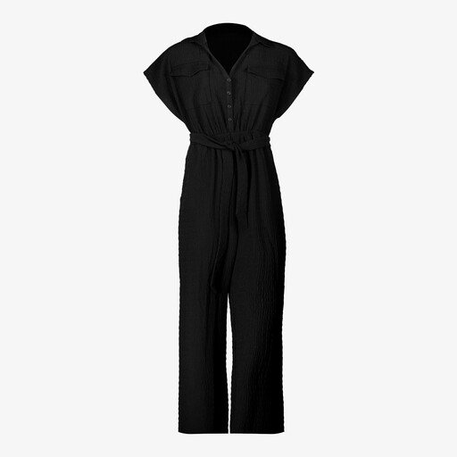 Dames crinkle jumpsuit korte mouw zwart