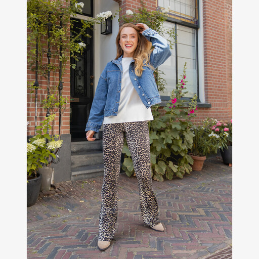 Dames flared broek bruin met panterprint